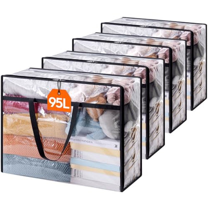 Lifewit 4 Pack Clear Clothes Storage Bags, 95L Plastic Blanket Storage Bag, Vinyl Foldable Moving Bags with Zipper, Closet Organizers and Storage Containers for Bedding, Duvet, Comforter - size: 95L