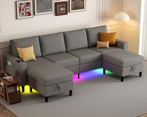 Sectional Couches for Living Room, 4 Seat Sectional Sofa with Smart Module-Wireless Charging/USB/Type-C/RGB Light, U Shaped Couch with Reversible Chaise Lounge/Storage Ottoman (Light Grey) - color: Light Grey, size: Durable Linen Blend