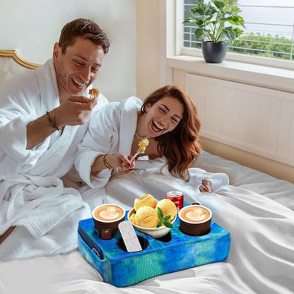 Couch Cup Holder Pillow, 5 Hole Couch Drink Holder! Keep Drinks Hand Side and Keep Temp, Prevent Spills and Use Anywhere. Cup Holder for Couch, Bed, Camping, RV, Car, Beach. Blue - color: Blue