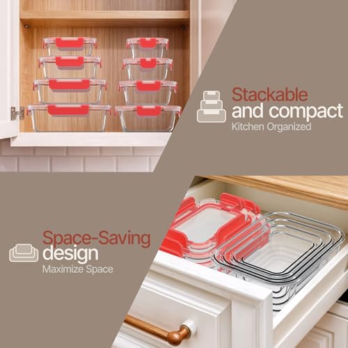 Bakken Borosilicate Glass Food Storage Containers with Lids 24 Pieces, BPA-Free Stackable Lunch & Leftover Containers, Microwave, Freezer & Dishwasher Safe, 100% Airtight Leak-Proof, Red - color: Red