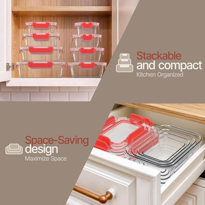 Bakken Borosilicate Glass Food Storage Containers with Lids 24 Pieces, BPA-Free Stackable Lunch & Leftover Containers, Microwave, Freezer & Dishwasher Safe, 100% Airtight Leak-Proof, Red - color: Red