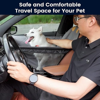Front Seat Dog Car Seat for Small/Medium Dogs with Door Protection – Full Coverage Waterproof Pet Booster Seat with Mesh Window, Zippered Side Flaps, Safety Buckle, Grey Linen Fabric