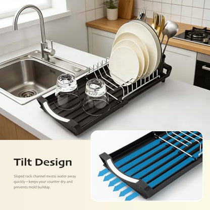 Extendable Dish Drying Rack, Stainless Steel, Over Sink or Counter, with Utensil Holder