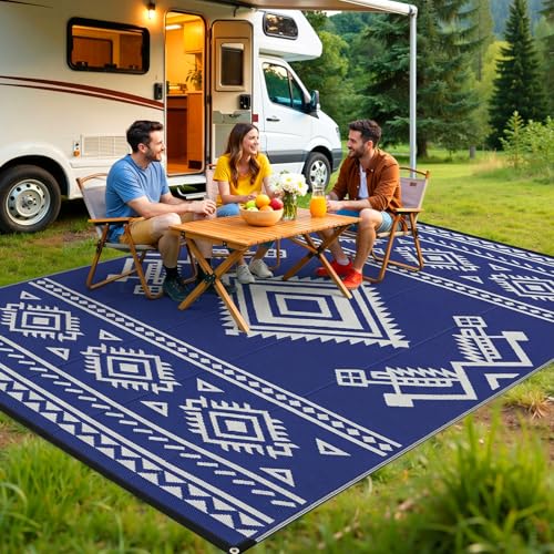 GOTGELIF 9x18 ft RV Camping Rug Waterproof, Large Reversible Bohemian Outdoor Plastic Straw Mat with Carry Bag, 4 Stakes & Seam, UV-Resistant Portable Carpet for Patio Pool Beach Deck (Blue & White) - color: Blue Boho, size: 9' x 18' (Rectangular)