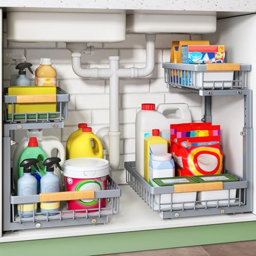 Kitstorack Under Sink Organizer, 2 Tier Under the Sink Storage, Slide out Pull out Cabinet Organizer Shelf, Metal Sliding Drawer for Kitchen Bathroom Pantry Closet Organization Rack, Grey, 2 Pack - color: Grey, size: 2 Pack