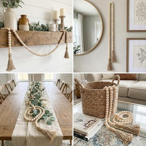 Decorative Wooden Beads - 58'' Wood Tassel Garland, Boho Table Decor, Handcrafted Beaded Garland, Versatile Piece for Home, Event, Gift - Boho Decorations