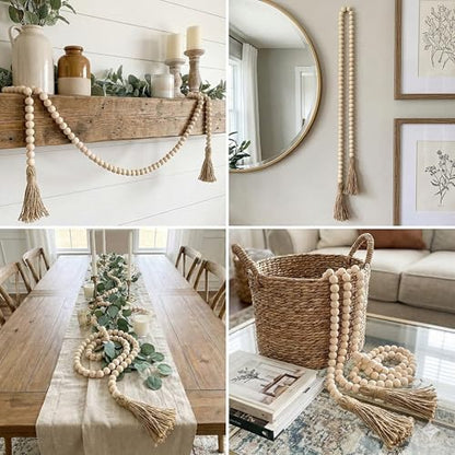 Decorative Wooden Beads - 58'' Wood Tassel Garland, Boho Table Decor, Handcrafted Beaded Garland, Versatile Piece for Home, Event, Gift - Boho Decorations