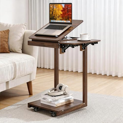 C Shaped End Table for Couch, C Side Table with Convertible Desktop, Folding Tray & Lockable Wheels, 360 Swivel TV Tray Table, Couch Tables That Slide Under, for Living Room, Bedroom, Sofa, Walnut