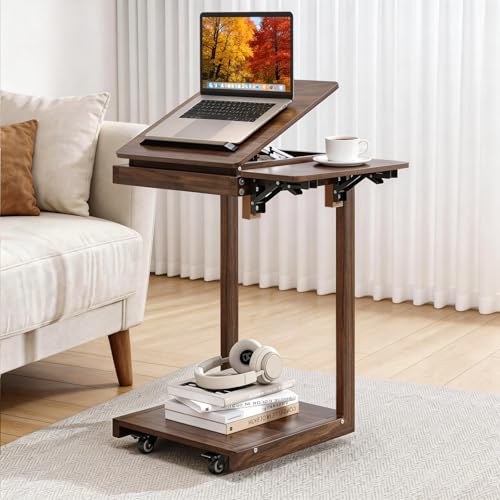 C Shaped End Table for Couch, C Side Table with Convertible Desktop, Folding Tray & Lockable Wheels, 360 Swivel TV Tray Table, Couch Tables That Slide Under, for Living Room, Bedroom, Sofa, Walnut