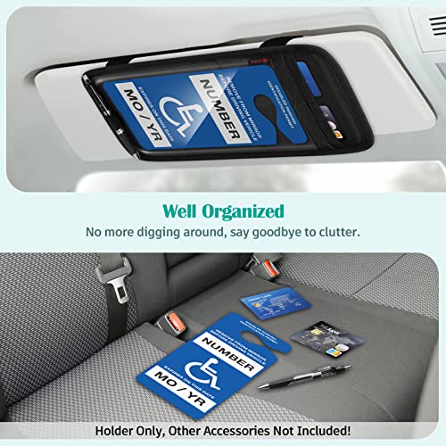 SITHON Handicap Placard Holder for Car Visor, Disabled Parking Permit Sign Protector with Pen Holder, Card Slots and Elastic Strap, Black