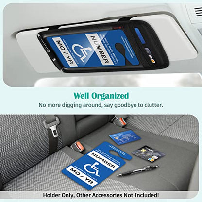 SITHON Handicap Placard Holder for Car Visor, Disabled Parking Permit Sign Protector with Pen Holder, Card Slots and Elastic Strap, Black