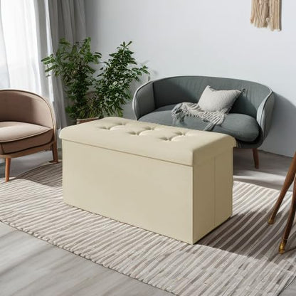 HOME DESIGN Florence 30" Upholstered Folding Storage Bench, Tufted Top, Space-Saving Storage, Beige Linen Fabric - color: Beige Linen