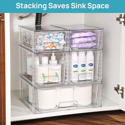 Vtopmart Clear Stackable Storage Drawers Set of 5, Easily Assemble Acrylic Bathroom Undersink Organizers,Plastic Storage Bins for Closet,Cabinet,Pantry,Medicine Organization - style: 1 Wide+2 Medium+2 Small