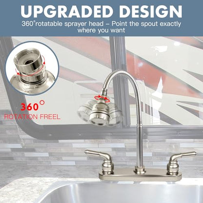 RV Kitchen Faucet,Camper Faucet Kitchen Replacement RV Sink Faucets with Flexible Arch 360 Swivel Rotatable Sprayer for Campers,Travel Trailers,Motorhomes,8 inch 2 Hole,Non-Metallic,Brushed Nickel - color: Brushed Nickel