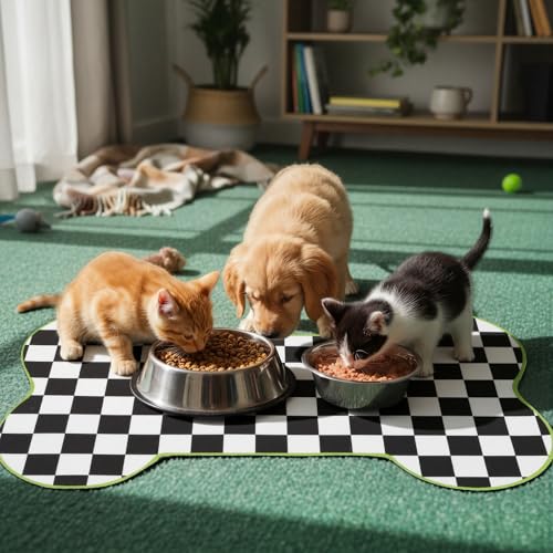 Yookeer Black and White Pup Placemat Check Plaid Cute Pet Food Mat for Dog Bowls and Cat Bowls Gift Decorations Buffalo Plaid Bone Shaped Dog Place Mat Spring Pet Accessories Supplies, 14 x 24 Inch