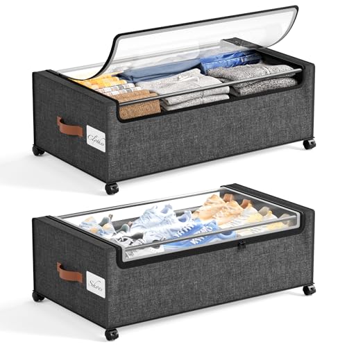 Yecaye 95 L Under Bed Storage with Wheels, 11 in Under Bed Storage Containers, Large Under Bed Shoe Storage with Lids, Rolling Underbed Storage bins for Clothes, Blankets, Gray - color: Grey, size: Extra Extra Large(2Pack)-11"H