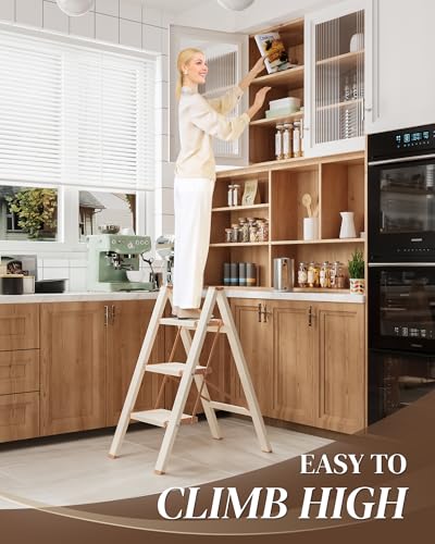 3 Step Ladder, Folding Step Stool with Wider Pedal, Anti-Slip Feet & Non Slip Stripes, Aluminum Sturdy Material, 300Lbs Capacity, Elegant Look of Cream Chocolate Better Matches Your Home - color: Cream Chocolate, size: 3 Step