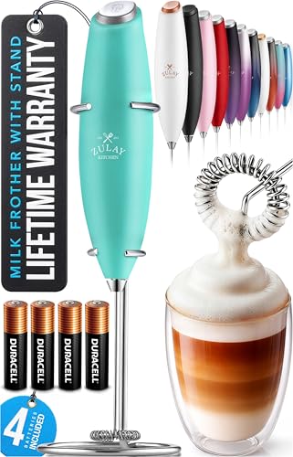 Zulay Kitchen Powerful Milk Frother Wand With Duracell Batteries - Ultra Fast Handheld Drink Mixer - Electric Whisk Foam Maker for Coffee, Lattes, Cappuccino & Matcha - Z1 Motor - Aqua - color: Breeze Baltic, size: Z1 Motor + Batteries