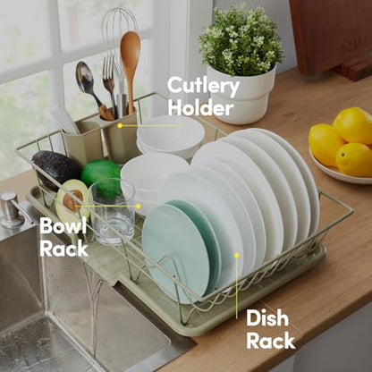 Space-Saving 3-Piece Dish Drainer Rack Set: Efficient Kitchen Organizer for Quick Drying and Storage - Includes Cutlery Holder and Drainboard - Maximize Countertop Space, Sage Green - color: Sage Green