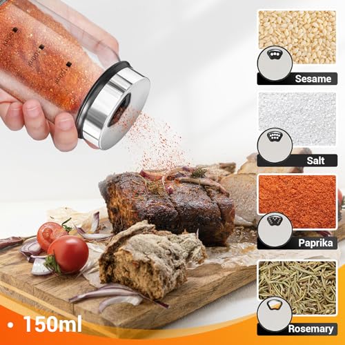 Segarty Glass Spice Jars, 3 Pack 5oz Spice Jars with Label, Empty Spice Containers with Shaker Lids, Seasoning Bottles with 136 Stickers, 1 Marker Pen and 1 Brush, Salt Pepper Shakers Set - size: 5oz / 150ml