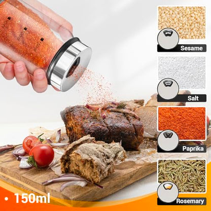 Segarty Glass Spice Jars, 3 Pack 5oz Spice Jars with Label, Empty Spice Containers with Shaker Lids, Seasoning Bottles with 136 Stickers, 1 Marker Pen and 1 Brush, Salt Pepper Shakers Set - size: 5oz / 150ml
