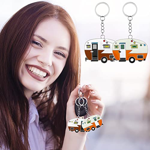 Thinp 2 Pieces Camper Keychain, RV Camper Keyring Accessories for Travel Trailers Enameled Metal Retro Camping Car Keychain - color: Yellow+brown