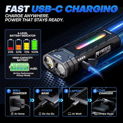 EDC Rechargeable Flashlight 3250 Lumens with RGB Light,55 Modes Multifunctional Flat Flashlight with Floodlight,Spotlight and Magnetic Base,Waterproof USB C Flashlight for Camping,Home,Emergencies - size: Black