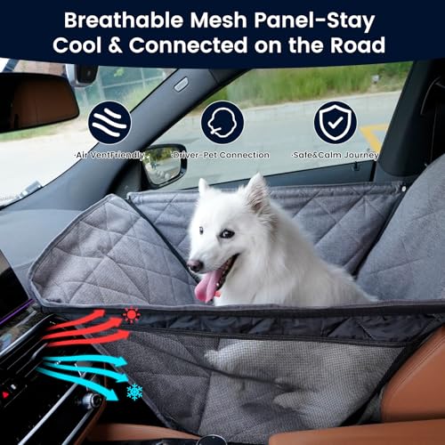 Front Seat Dog Car Seat for Small/Medium Dogs with Door Protection – Full Coverage Waterproof Pet Booster Seat with Mesh Window, Zippered Side Flaps, Safety Buckle, Grey Linen Fabric