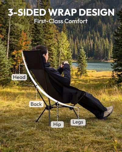 MOBI GARDEN High Back Camping Chair, 400lb Heavy Duty Portable Folding Chair with Adjustable Headrest, Ultralight Moon Chair with Universal Anti-Sinking Feet and Side Pocket for Beach, Hiking, Picnic