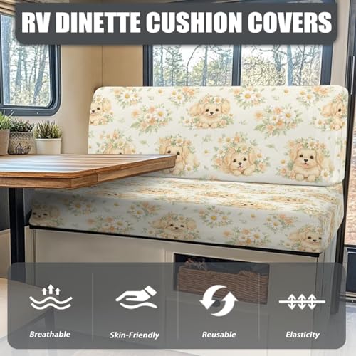 Cute Dogs Daisy Floral Print RV Dinette Cushion Covers Camper Sofa Cushion Cover Stretchable RV Dinette Seat Covers 2Pcs with Backrest & Bench Cover 2Sets - color: Cute Dogs Daisy Floral