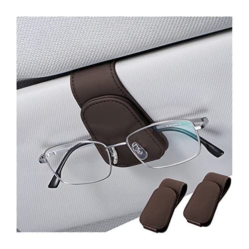 zipelo Sunglasses Holder for Car Sun Visor, 2 PCS Magnetic Leather Eyeglass Hanger, Sun Glasses Mount Clip on Visors, Ticket Card Cash Organizer, Auto Interior Accessories (Brown) - color: Brown, size: 2 PCS