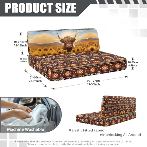 NDISTIN Aztec Highland Cow Sunflower 2Pcs Camper Couch Cushion Covers Dinette Rv Seat Covers Dinette Booth Cushions Comfortable Stretch Sofa Furniture Protector for Travel Trailer Couch - color: Aztec Highland Cow Sunflower
