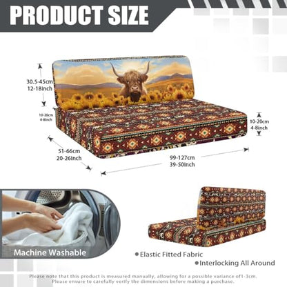 NDISTIN Aztec Highland Cow Sunflower 2Pcs Camper Couch Cushion Covers Dinette Rv Seat Covers Dinette Booth Cushions Comfortable Stretch Sofa Furniture Protector for Travel Trailer Couch - color: Aztec Highland Cow Sunflower