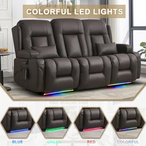 URRED Power Loveseat Recliner Sofa with Massage and Heat, Wall Hugger Reclining Loveseat with Console, RV Couch Home Theater Seating with LED Lights for Living Room (Dark Brown, 76.8" - 3 Seats) - color: Dark Brown, size: 76.8" - 3 Seats