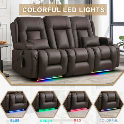 URRED Power Loveseat Recliner Sofa with Massage and Heat, Wall Hugger Reclining Loveseat with Console, RV Couch Home Theater Seating with LED Lights for Living Room (Dark Brown, 76.8" - 3 Seats) - color: Dark Brown, size: 76.8" - 3 Seats