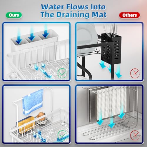 Dish Drying Rack, Stainless Steel-Dish Rack, Dish Racks for Kitchen Counter, Kitchen Dish Drainers with Removable Utensil Holder,New drain outlet,Plate Rack and Drainboard,(white 2 with Sponge Rack) - color: White 2