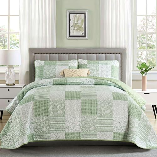 Mybedsoul Light Green Quilt Set Twin Size, 3 Pieces Plaid Floral Bedspread Set Patchwork Reversible Bedding Set Microfiber Lightweight Bedspread Coverlet Set for All Season 68"x86" - color: Light Green, size: Twin