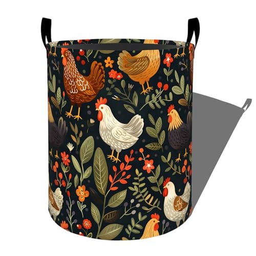 Colorful Chickens and Green Leaves Laundry Basket with Handles, 19.7"x15.7" Clothes Foldable Laundry Hamper Organizer for Dorm Nursery Bedroom Bathroom Decor, Toy Storage Bin for Kids - style: Chicken18