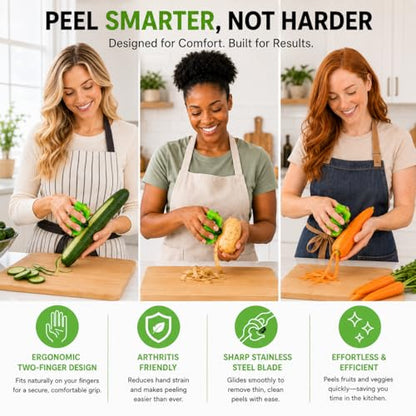 2-Finger Vegetable Peeler – Ergonomic Fruit & Vegetable Peeler with Secure Finger Grip, Sharp Stainless Steel Blade, Easy-Control Kitchen Peeling Tool for Carrots, Potatoes, Cucumbers & More - color: Green & Black