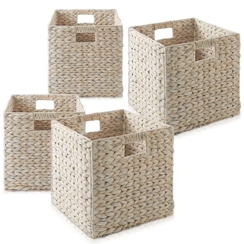 Casafield 12" x 12" Hyacinth Storage Baskets, Whitewash - Set of 4 Storage Organizers, Woven Wicker Cubes for Bathroom, Bedroom, Laundry, Shelves - color: Whitewash, size: 4-Pack