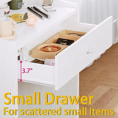 LIKIMIO Small Makeup Vanity Desk with Mirror and Lights, Vanity Table Set with Storage Drawer, Chair and Three Shelves, Bedroom, White - color: White