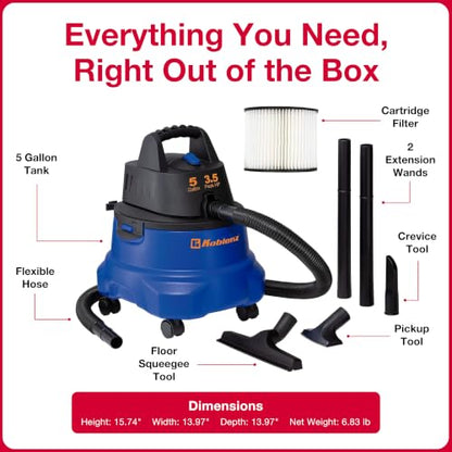 Koblenz WD-5 L2 Wet Dry Vacuum Cleaner, 5 Gallon Shop Vac 3.5 PHP, 3-in-1 Suction & Blower, Swivel Casters, Twist-N-Lock Hose, Large Vacuum Cleaners for Home, Workshop, Car, Blue/Black - size: 5 Gallon 3.5 HP