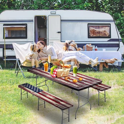 Picnic Table Cover with Bench Covers 6FT 3PCS, Camping Essentials, Fitted Camping Tablecloth Waterproof and oilproof with elastic Edge for Indoor Outdoor Patio, Retro American Flag (72inch) - color: Retro American Flag,Red