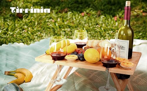 Tirrinia Portable Wine Picnic Table, Ideal Wine Gift for Women Men, Outdoor Folding Table & Beach Charcuterie Board with Wine Glasses Holder for Camping, Park, Party, Garden Concerts, Wooden - size: 17" x 13"