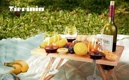 Tirrinia Portable Wine Picnic Table, Ideal Wine Gift for Women Men, Outdoor Folding Table & Beach Charcuterie Board with Wine Glasses Holder for Camping, Park, Party, Garden Concerts, Wooden - size: 17" x 13"