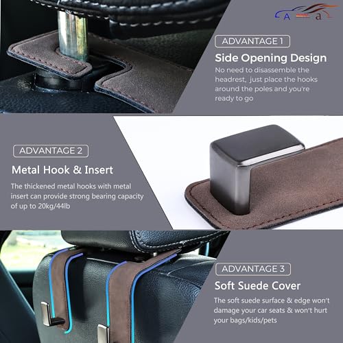 Amooca Car Seat Back Hook Universal Auto Storage Hanger Suede with Metal Car Seat Organizer for Handbag Purse Coat Umbrellas Grocery Bags 2 Pack Brown - color: Brown