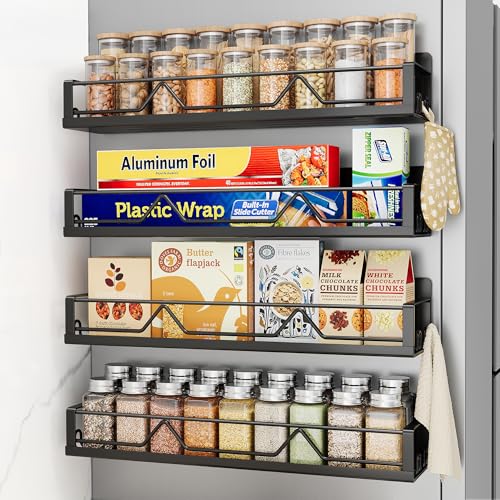 Mystozer 16.9 Inch Wide Large Capacity Magnetic Spice Rack for Refrigerator,4 Pack Metal Fridge Shelf Apartment Essentials Fridge Organizer Magnetic Storage Fridge Magnet Organizer(Black) - color: Matt Black, size: 4 Pack - Wide