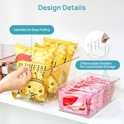 Vtopmart 8 Pack Clear Plastic Storage Bins Set, 4 Large Pantry Organizer Bins with Handle and 4 Medium Snack Organizer Bins with 4-Compartment for Pantry, Kitchen, Fridge, Cabinet Organization - size: 4 Large + 4 Medium