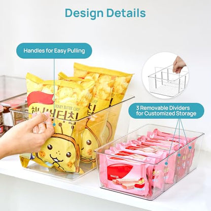 Vtopmart 8 Pack Clear Plastic Storage Bins Set, 4 Large Pantry Organizer Bins with Handle and 4 Medium Snack Organizer Bins with 4-Compartment for Pantry, Kitchen, Fridge, Cabinet Organization - size: 4 Large + 4 Medium