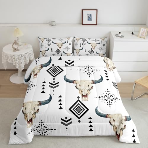 Feelyou Kids Western Bull Skull Bedding Set Queen Size, Southwestern Aztec Comforter Set Boys Girls Boho Tribal Comforter Ethnic Bohemian Rustic Country Teens Duvet Set Bedroom Decor Bed Set 3Pcs - color: Multi K01, size: Queen